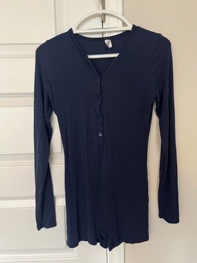 Women’s Navy Long-Sleeve Ribbed Henley Bodysuit